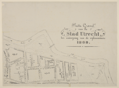 217328 Plattegrond van het zuidoostelijke deel van de stad Utrecht, met aanduiding van de wijknummers (Wijk F en Wijk A).